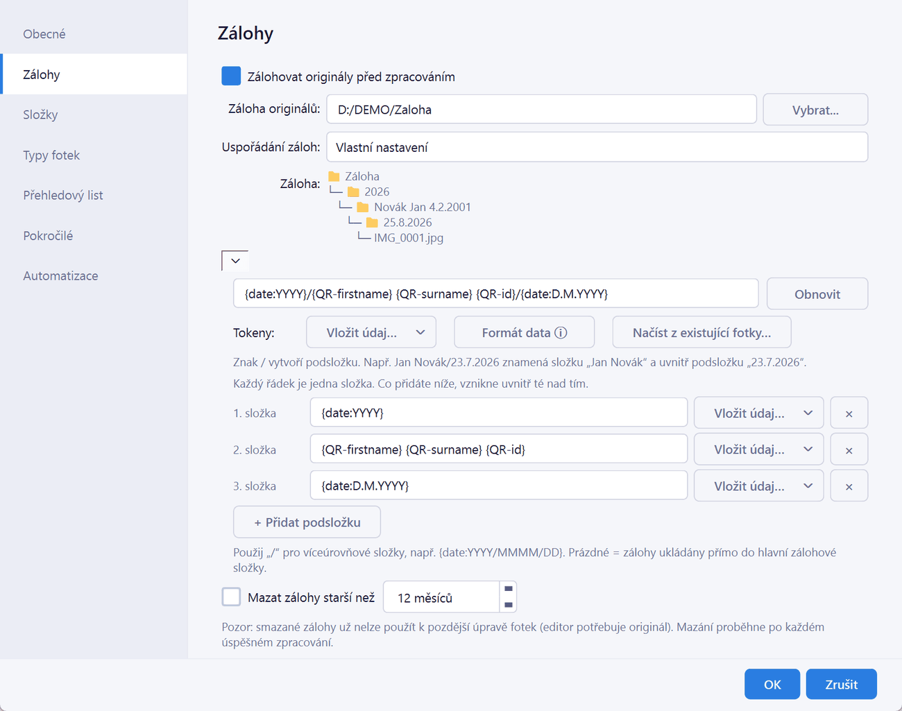 Settings -> Backup: backup folder structure