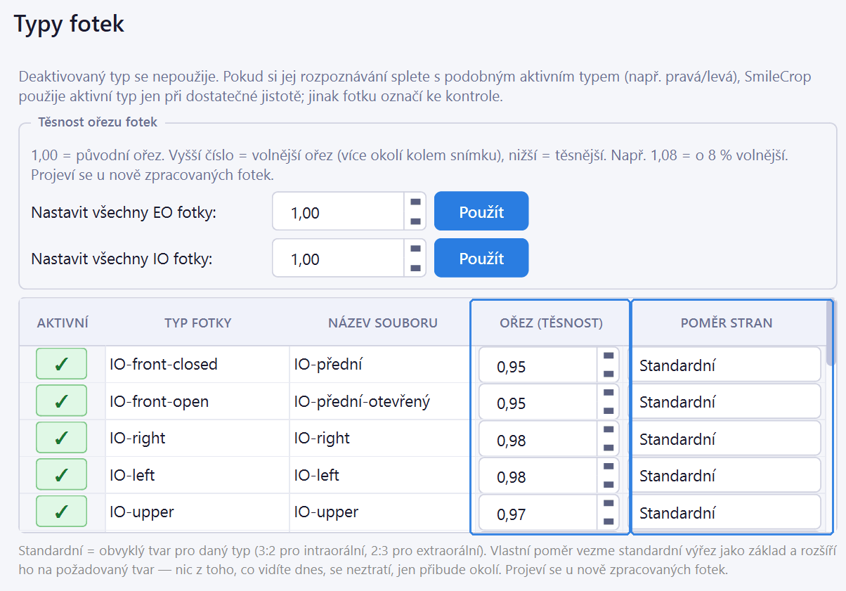 Settings → Photo Types, the Crop and Aspect ratio columns