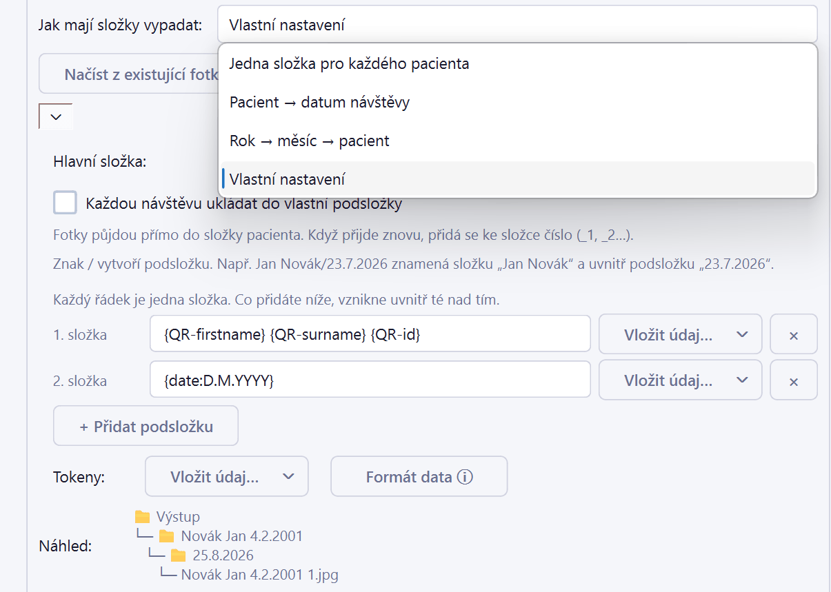 Settings → Folders, the name builder with its preview