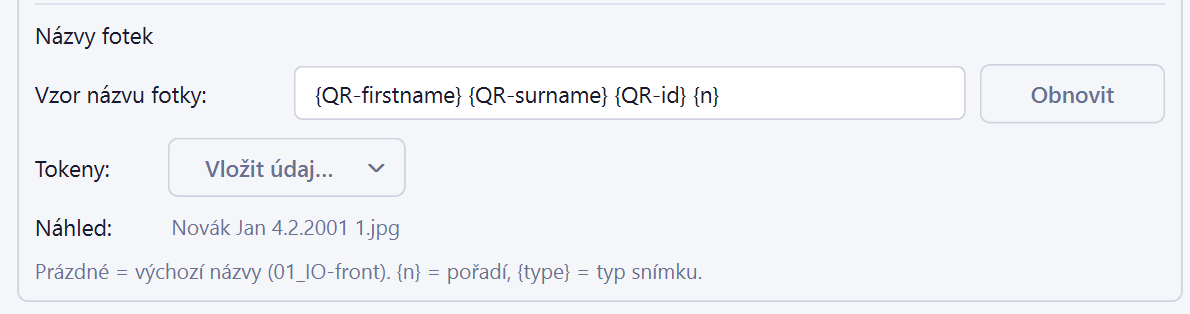 Settings -> Folders: photo name builder with preview